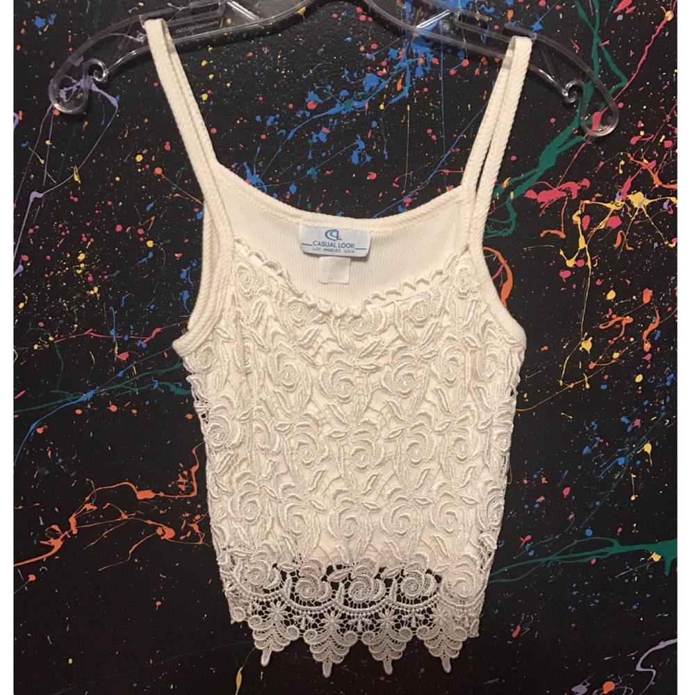 Off white crop top with lace over it